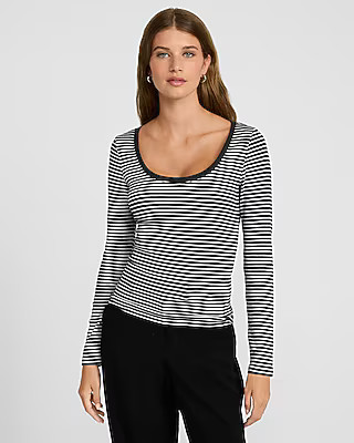 Fitted Ribbed Striped Scoop Neck Long Sleeve Tee | Express