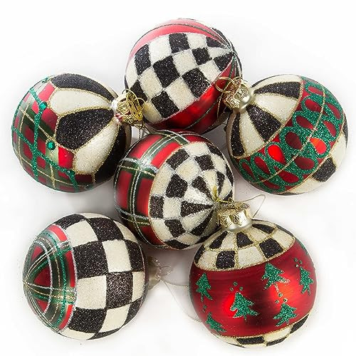 MacKenzie-Childs Tartan Glass Ball Ornaments, Christmas-Tree Decorations Set, Medium, Set of 6 | Amazon (US)