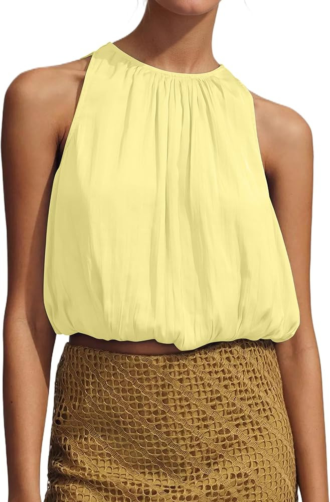 Ythomm Women’s Halter Crop Bubble Tops Summer Sleeveless Crewneck Puffy Hem Cropped Tank Tops F... | Amazon (US)