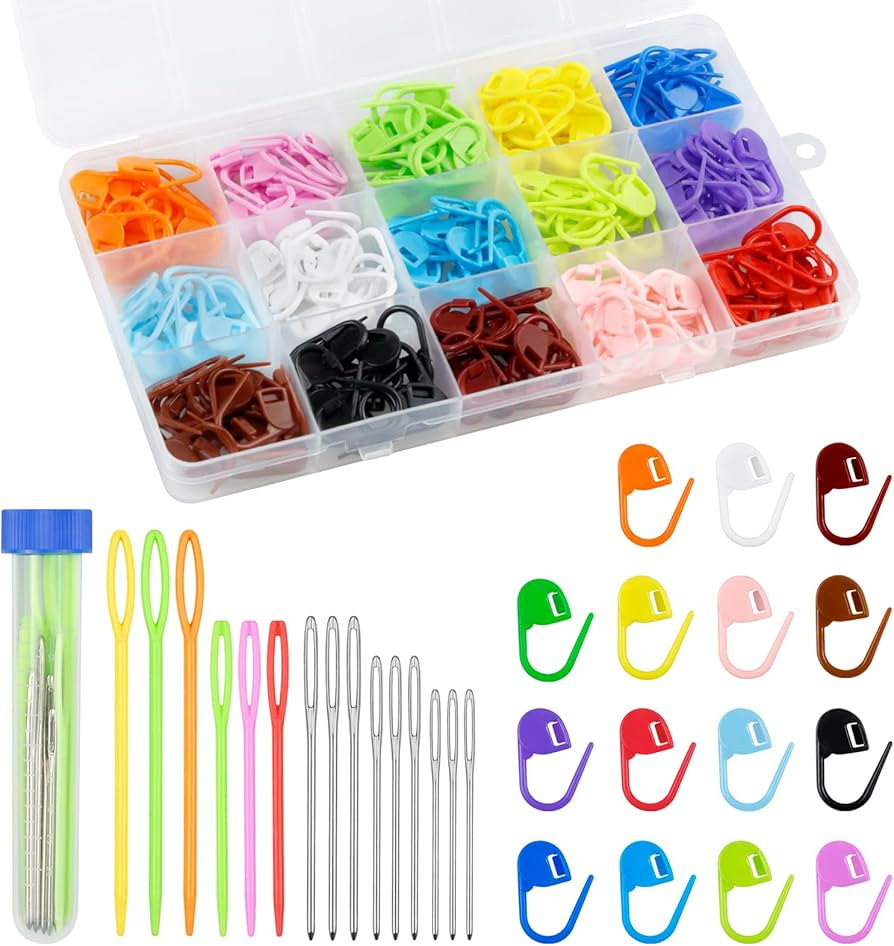 220/900 Pieces FIVEIZERO Stitch Markers,with 15 Pcs Large Eye Blunt Sewing Needles,Colorful Croch... | Amazon (US)