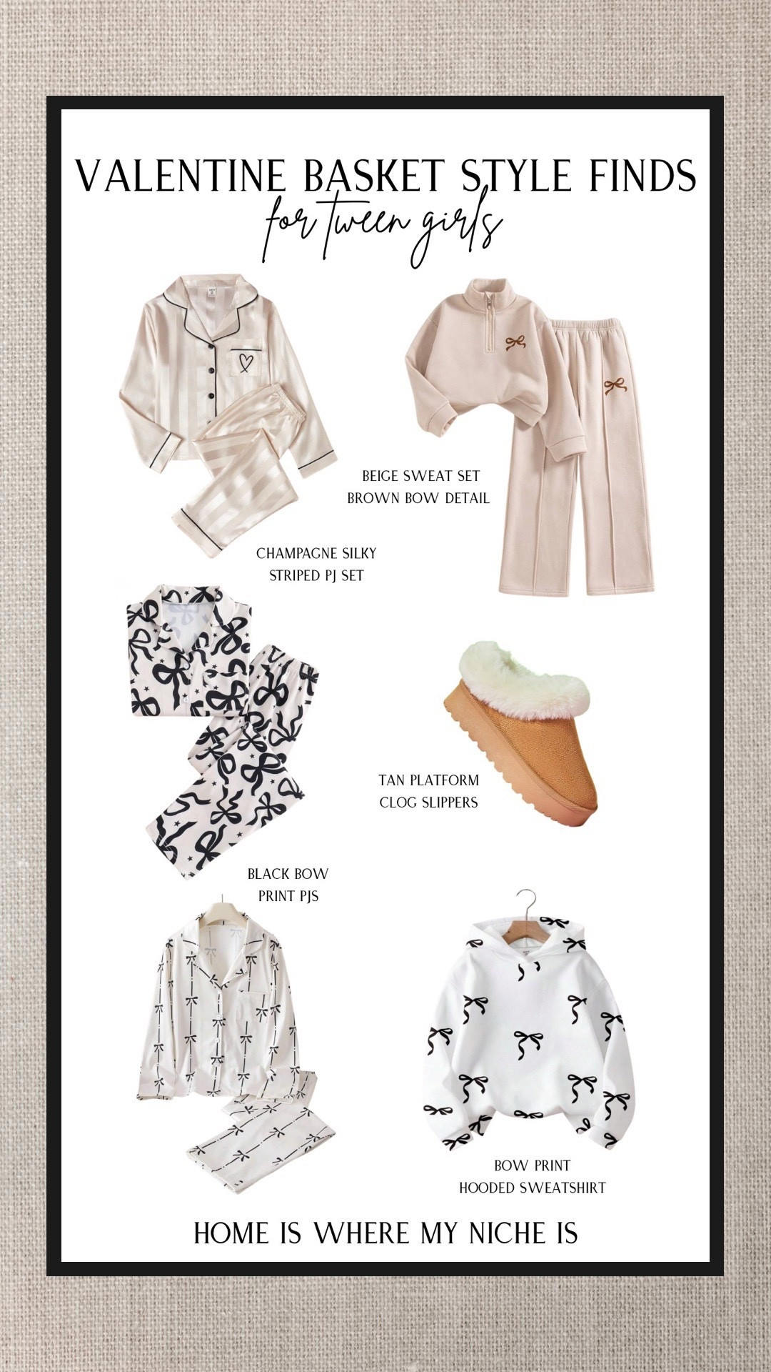 V D A Y / valentine basket style finds for dare I say tween 🤯 girls 🥹♥️

+ champagne striped silky pj set
+ beige sweat set with brown bow detail
+ bow print pajama sets
+ tan platform clog slippers
+ bow print hoodie

#LTKkids #LTKcanada #LTKstyletip