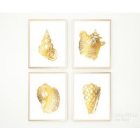 Gold Seashell - Shell Print Set Of 4 Real Foil Nautical Coastal Decor Poster Marine Art | Etsy (US)