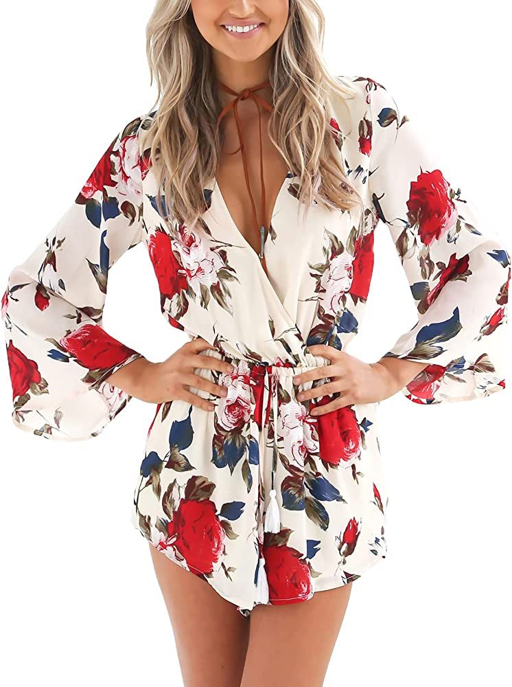 Relipop Women's Floral Print Long Sleeves Short Romper Playsuit Jumpsuit | Amazon (US)