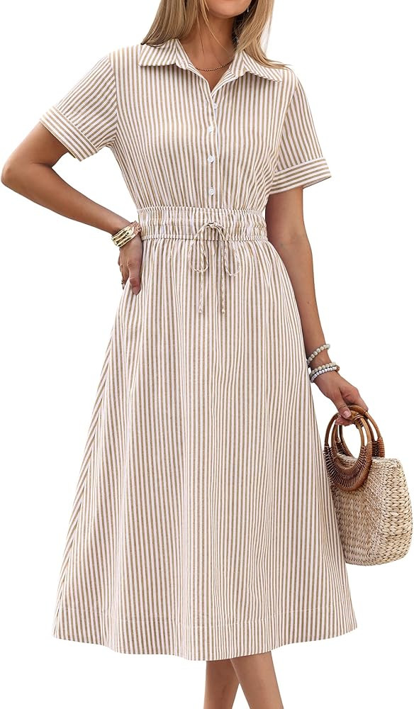 ANRABESS Women Summer Short Sleeve Midi Dress, Striped & Gingham, Casual A-Line Button Collar Shi... | Amazon (US)