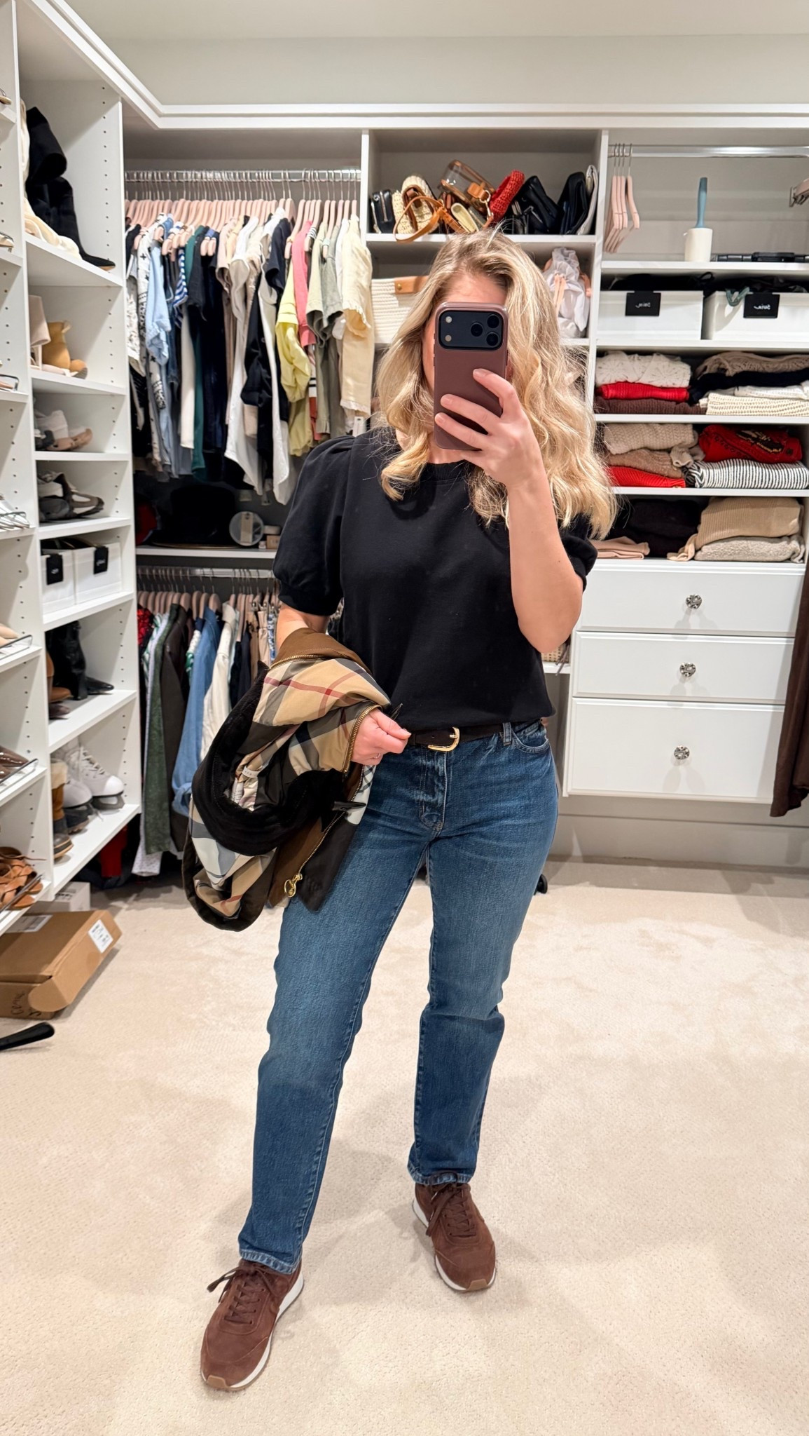 Putting in serious miles today with back to back client meetings, stone selections, and furniture sourcing. Rainy day uniform that still feels pulled together. Retro runners for comfort, my favorite Frame denim, an easy puff sleeve tee, and a suede belt to keep it polished. Cozy, practical, and still stylish. Exactly how I like to work. 🤎✨

#LTKSeasonal #LTKPetite #LTKootd