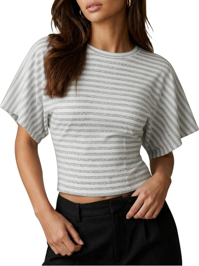 CHYRII Womens Summer Tops Lyocell Striped Batwing Short Sleeve T Shirts | Cinched Waist Slim Fitt... | Amazon (US)