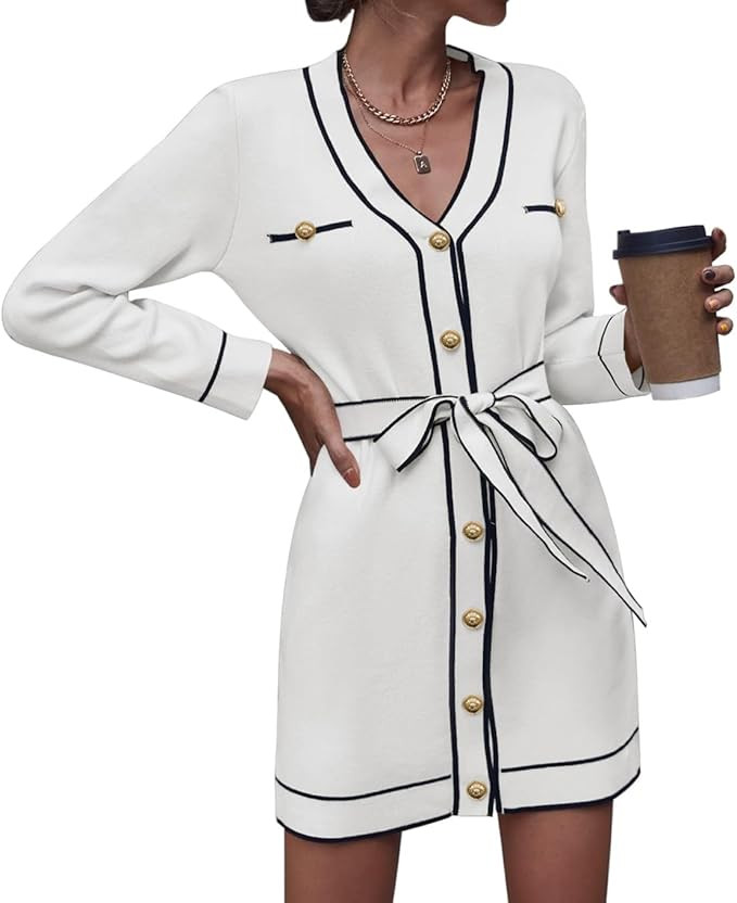 Pink Queen Women's V Neck Long Sleeve Mini Dress Elegant Button Down Open Front Color Block Knit ... | Amazon (US)