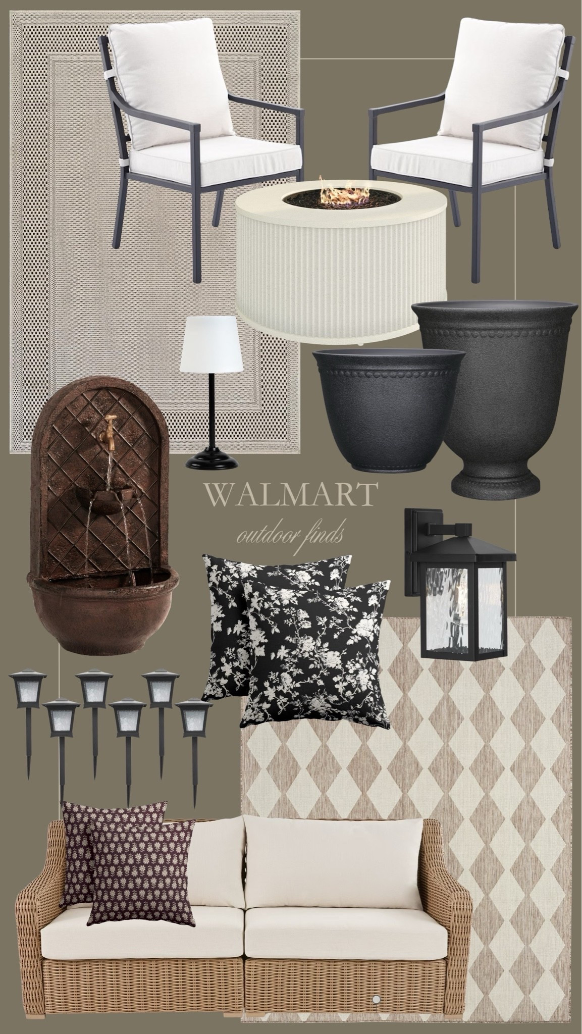 Walmart outdoor finds 🤎 I absolutely love this fountain, and these modern but cozy vintage home finds for an outdoor patio space