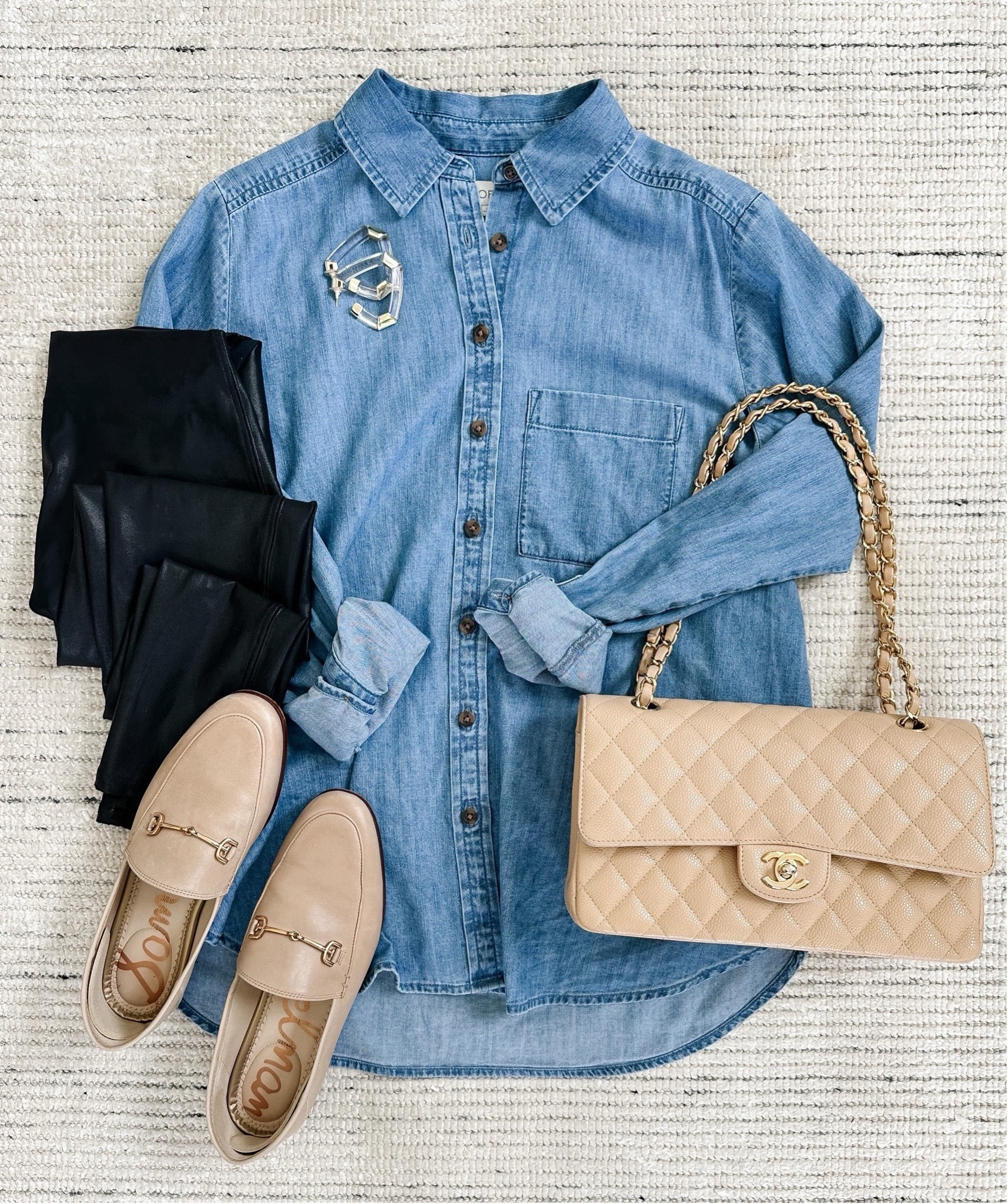 Winter outfit with chambray pocket shirt paired with faux leather leggings. Top is currently on sale for 40% off full price! Faux leather leggings on sale for 50% off. Love this look for casual work from home, lunches and more.

#LTKSaleAlert #LTKSeasonal #LTKStyleTip