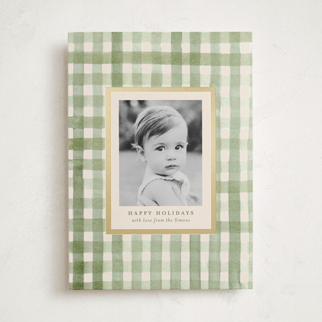 "Gingham" - Customizable Foil-pressed Holiday Cards in Green by Meagan Christensen. | Minted