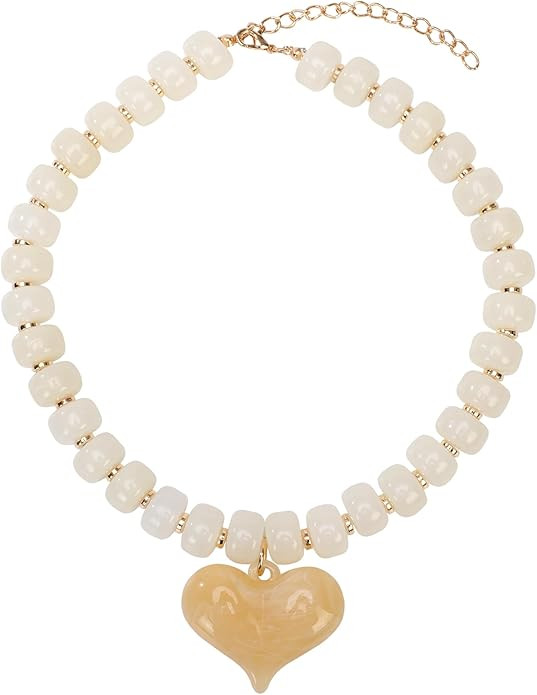 Chunky Colorful Beaded Statement Boho Chokers Necklace Heart Pendant Pink Green Yellow Brown Fash... | Amazon (US)