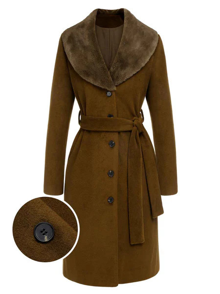 Brown 1940s Fur Collar Belted Coat | Retro Stage