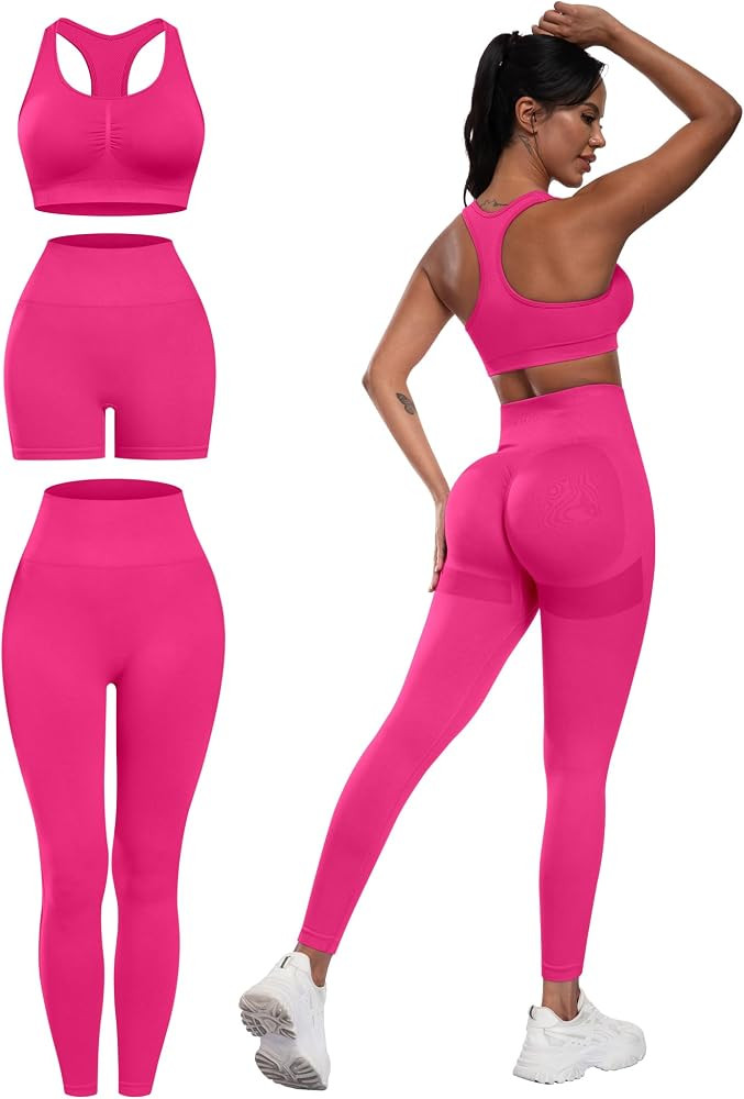 3 Piece Workout Sets for Women Butt Lifting Leggings with High Impact Sports Bra Gym Shorts | Amazon (US)