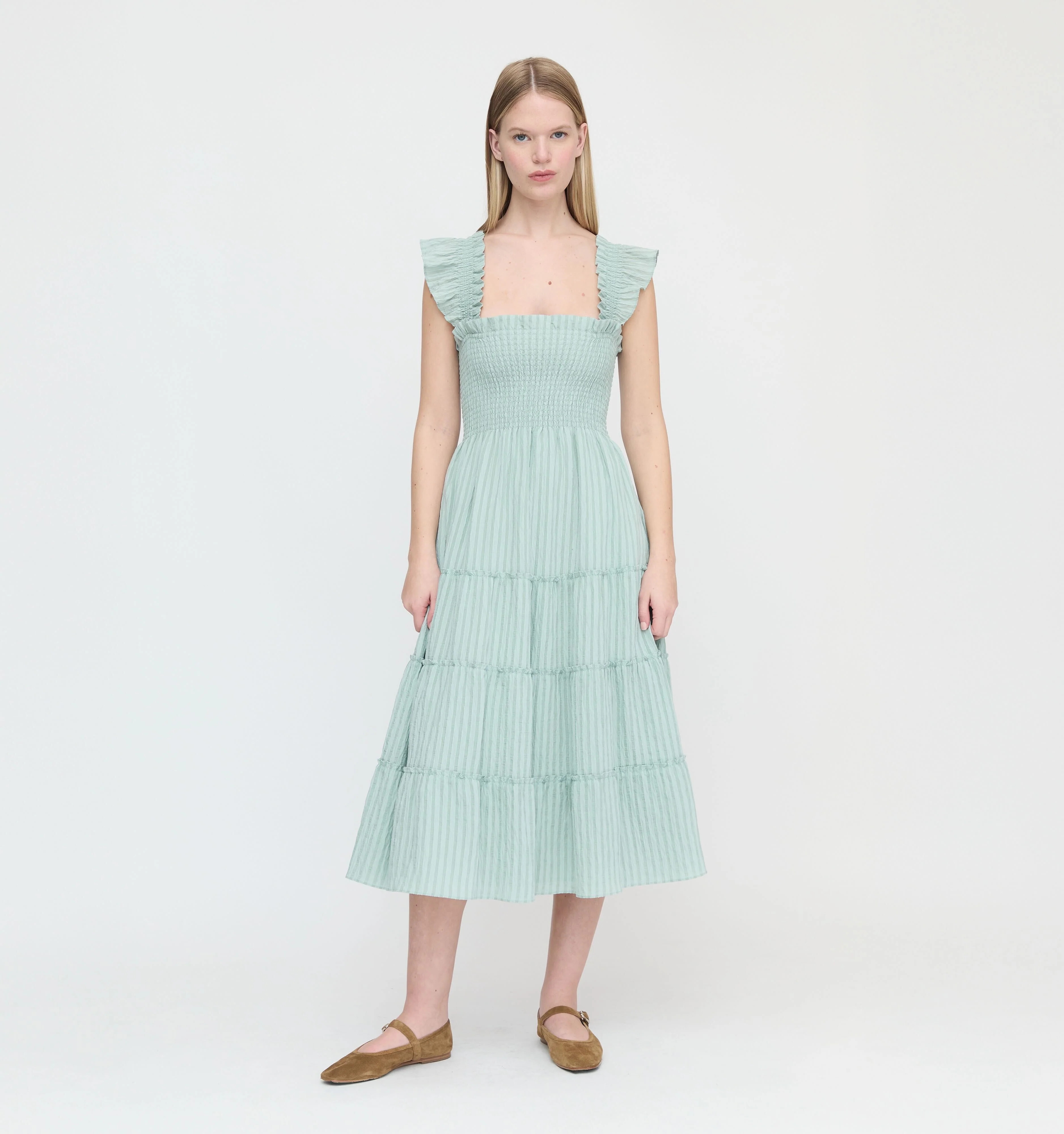 The Ellie Nap Dress - Sage Green Tonal Seersucker | Hill House Home US
