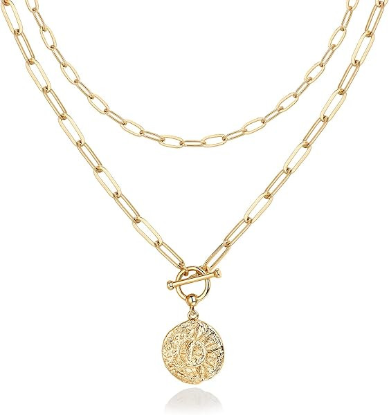 PAVOI Gold Layered Necklaces for Women, 14K Plated Small Sun Pendant Stack | Amazon (US)