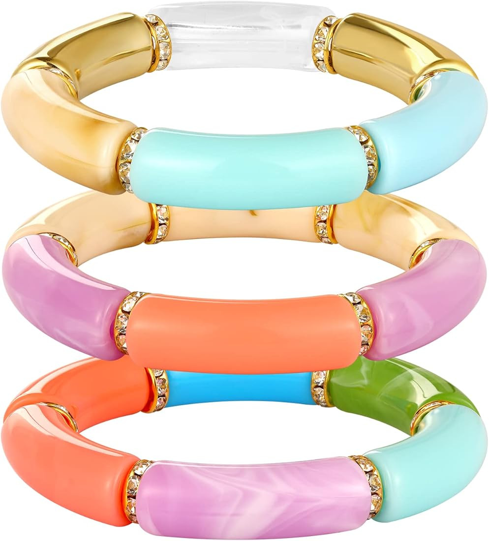 Bamboo Tube Bracelet Chunky Bangle Gold Stacking Bangles Acrylic Clear Stretchable Colorful Beads Fr | Amazon (US)