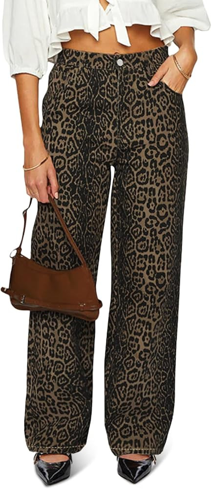 Women's Y2K Oversized Baggy Leopard Print Wide Straight Leg Jeans Stretchy High Waisted Cheetah C... | Amazon (US)