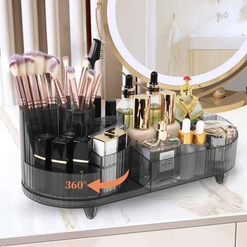 Zufudo Makeup Organizer for Vanity 360 Rotating Plastic Makeup Brush Holder Large Cosmetic Skincare Organizer for Lotion Lipstick, Model 8056 Grey | Amazon (US)