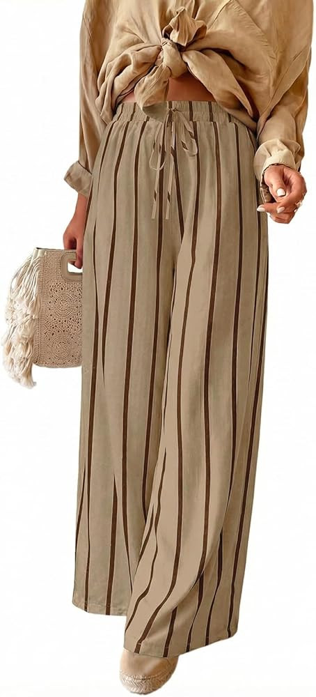 Acelitt Women Casual Drawstring Elastic Waist Striped Wide Leg Pants with Pockets, S-XXL | Amazon (US)