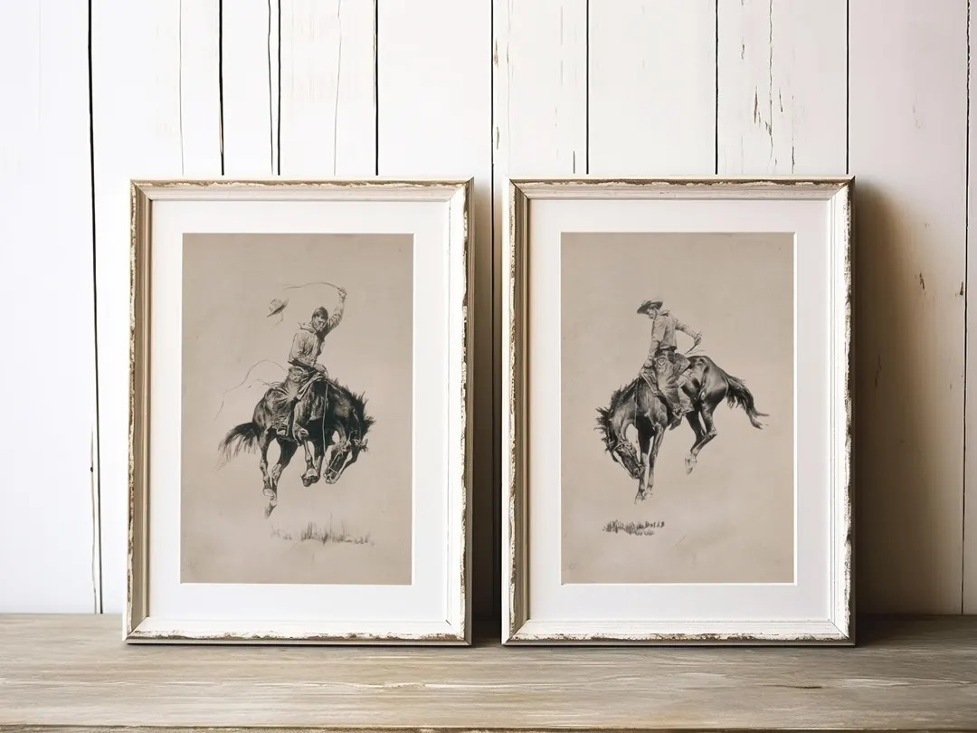 Western Cowboy Sketch Art Set of 2: Rustic Home Decor (Digital Download) | Etsy (Global)