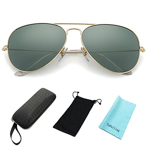 YuFalling Polarized Aviator Sunglasses for Men and Women (gold frame/black green lens, 58) | Amazon (US)