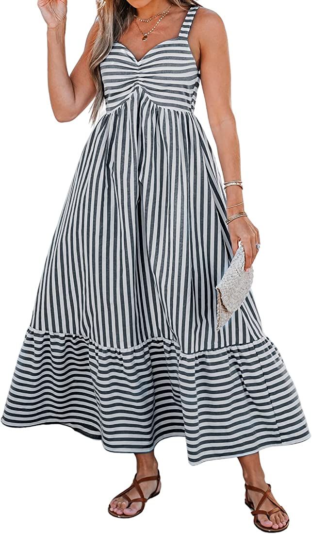 CUPSHE Women Ruch Front Wide Strapless Maxi Dress Stripe Beach Vacation Long Dresses | Amazon (US)