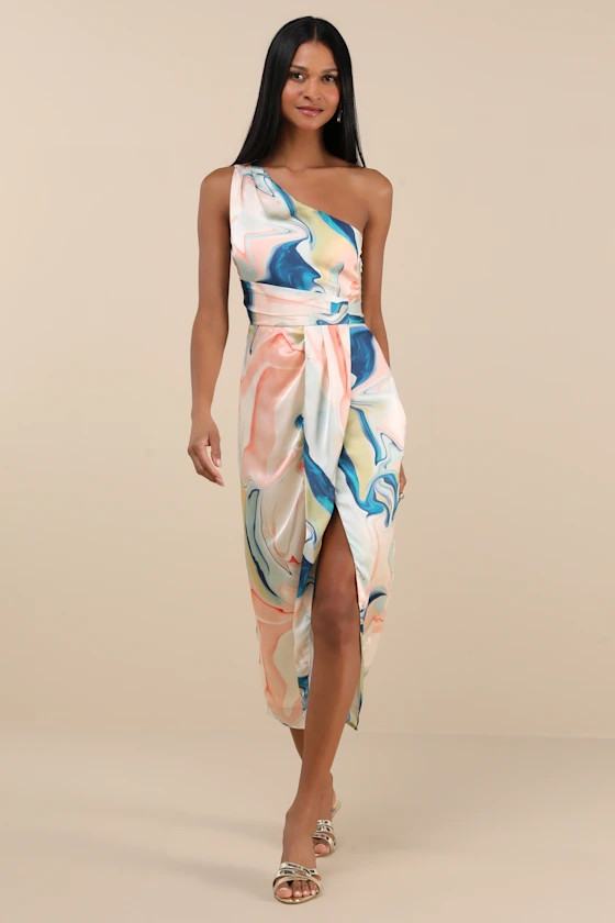 Rhema White Multi Abstract Print Satin Midi Dress | Lulus