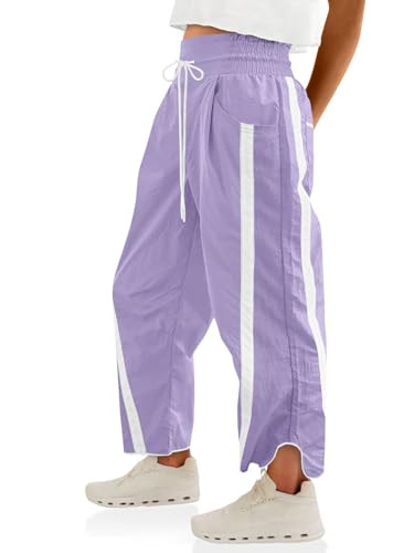 Fisoew Women's Baggy Wide Leg Pants Casual Drawstring Elastic Waisted Contrast Color Workout Y2K Track Pants Purple | Amazon (US)