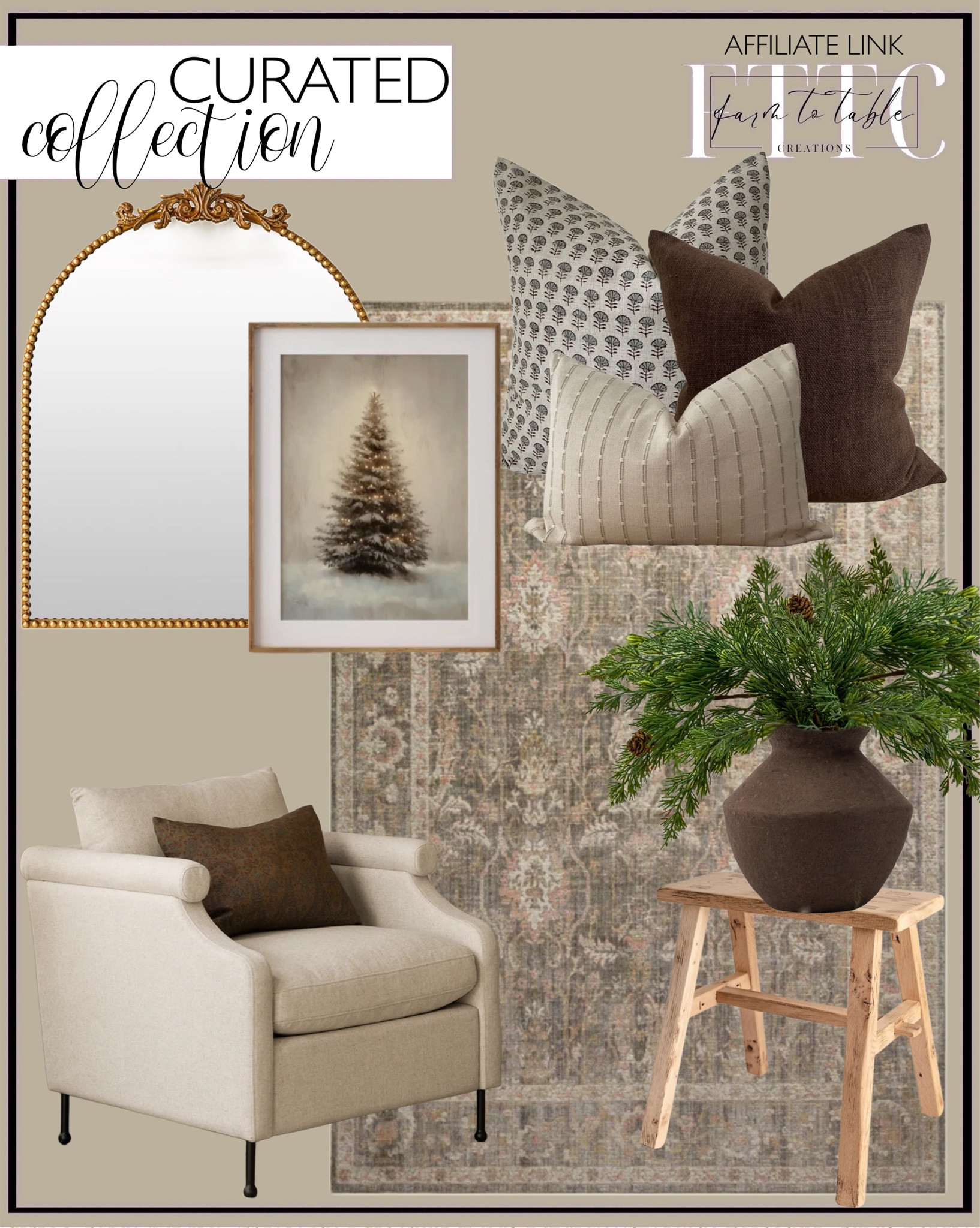 Curated Holiday Collection. Follow @farmtotablecreations on Instagram for more inspiration.

Chris Loves Julia x Loloi Rosemarie Oriental Sage Blush Area Rug. Neutral Brown and Cream Double Sided Pillow Combination. Wrought Iron Arch Wall Mirror. McGee and Co. Clegg Lounge Chair. Fredrick Paper Mache Vase. Vintage Christmas Tree Print. Reclaimed Wood Stool. Real touch pine spray. 

Trending Decor | Viral Decor | Amazon Holiday | Walmart Christmas | Christmas Table | Tablescape | Christmas Tree | Bedroom corner | Coffee Table Decor | Neutral Decor | Fall Stem Sale | Target Finds | Skinny Bench | Bedroom | Living Room | Breakfast Nook | Amazon Home | Target Sale | Loloi Rugs | Magnolia Home | console table | console table styling | faux stems | entryway space | front porch decor | neutral decor | entryway decor | cozy home | affordable decor |  home decor | home inspiration | Christmas stems | Christmas console | Christmas vignette | christmas decor | fall decorations | console styling | entryway rug | cozy moody home | moody home decor | neutral home | bathroom decor | tree ornaments


#LTKHoliday #LTKSaleAlert #LTKHome