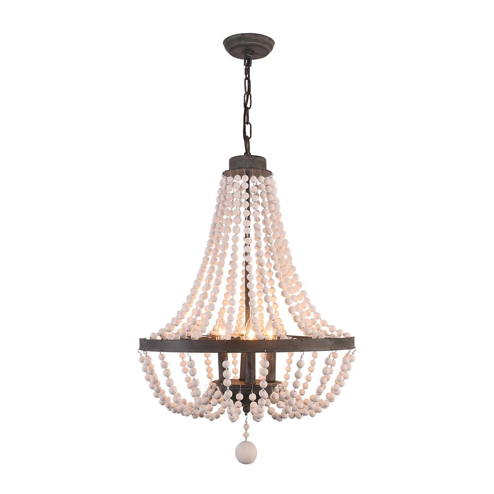 4-Light Black Finish White Wood Beaded Chandelier with Adjustable Chain | The Home Depot
