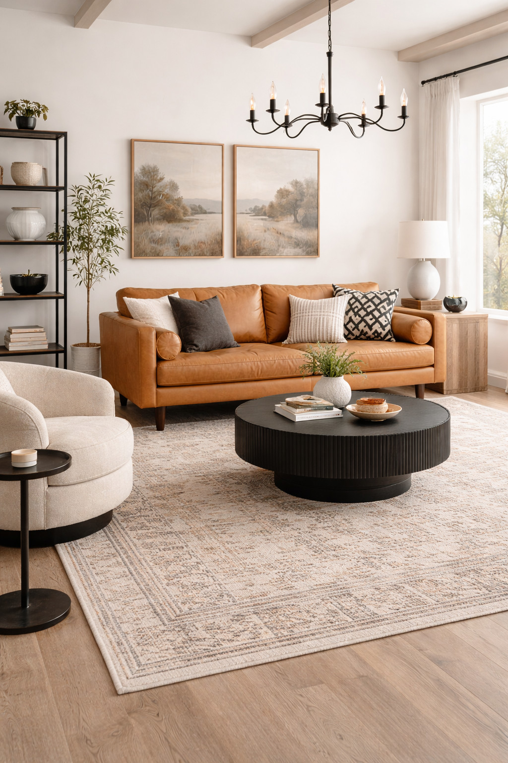 Warm, cozy, and elevated living room inspo 🤎 This space mixes a caramel leather sofa, soft neutral accent chairs, a textured area rug, and a bold black round coffee table for the perfect modern farmhouse look. The layered pillows, simple wall art, and black chandelier make the room feel polished but still inviting.

Shop similar living room furniture and neutral home decor pieces below.

#LivingRoomInspo #NeutralHomeDecor #LeatherSofa #ModernFarmhouseDecor #CozyHomeStyle #RoundCoffeeTable #AreaRug #HomeDecorFinds #LivingRoomDecor 

 #LTKOver40 #LTKHome #LTKSaleAlert