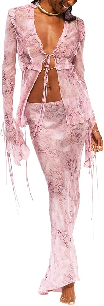 Yuemengxuan Women Going out Maxi Skirts Set Low Cut Lace Trim Cami Top Crop Top High Waist Bodyco... | Amazon (US)