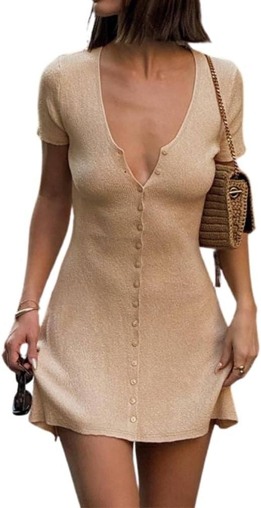 Naileksi Women Elegant Button Down A-Line Knit Mini Dress V Neck Short Sleeve Solid Fit Flare Rib... | Amazon (US)