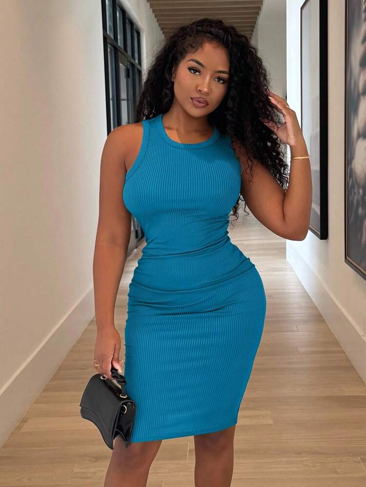 Alexandranx Solid Color Sleeveless Crew Neck Bodycon Dress | SHEIN