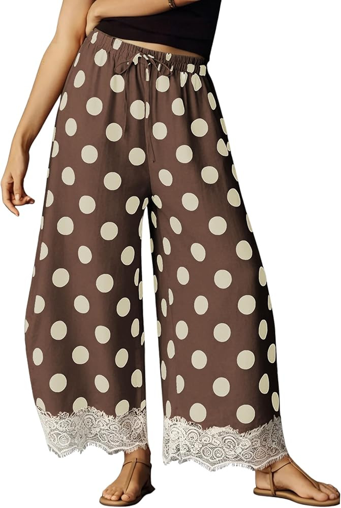 Athlisan Womens Polka Dot Wide Leg Palazzo Pants High Waisted Summer Lace Trim Cropped Baggy Trou... | Amazon (US)