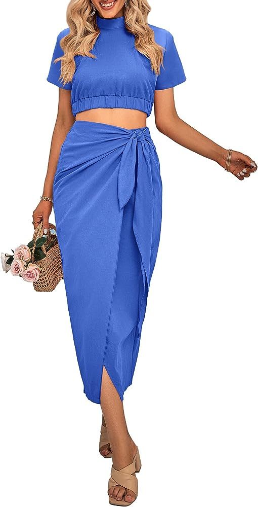 CFLONGE Women's 2 Piece Outfits Casual Sleeveless Halter Crop Top and Draped Ruched Skirt Solid S... | Amazon (US)