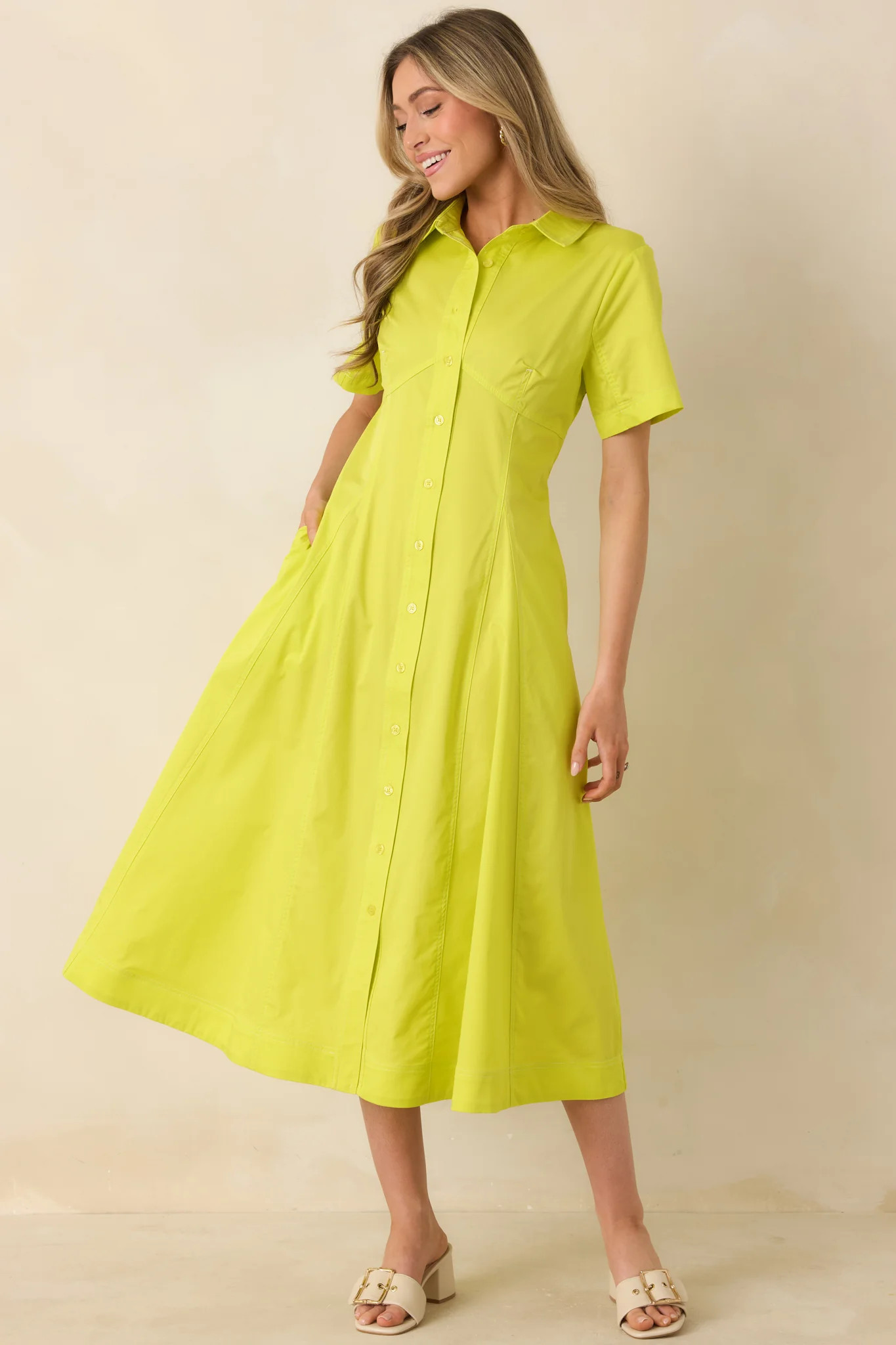 Make It Look Easy Chartreuse Short Sleeve Midi Shirt Dress | Red Dress