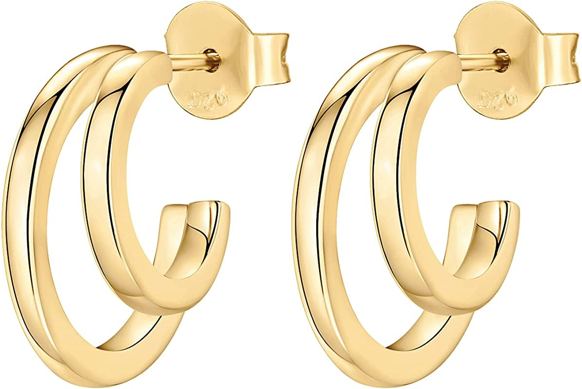 PAVOI 14K Gold Plated Sterling Silver Post Split Huggie Earrings | Rose/White/Yellow Gold Earrings f | Amazon (US)
