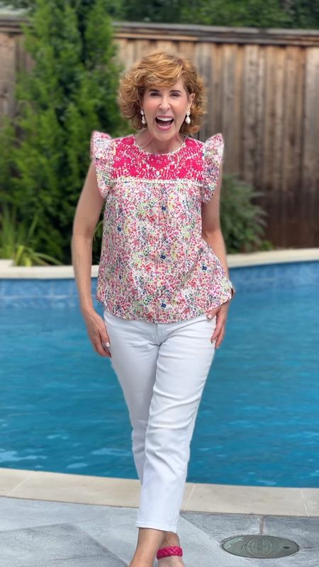 This sweet hot pink embroidered shirt is set off perfectly by my favorite hot pink block heel sandals of the summer so far!
Finished off with pearl drop earrings, a pearl Apple Watch band, and white straight leg ankle pants.


#LTKshoecrush #LTKstyletip #LTKSeasonal