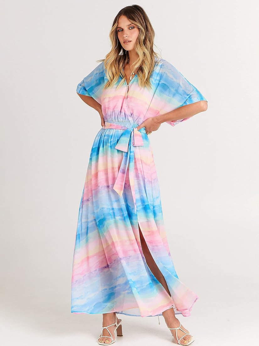 ANRABESS Women’s Summer Loose Kimono Maxi Dress Wrap V Neck 3/4 Sleeve Floral Print Slit Long Dresse | Amazon (US)