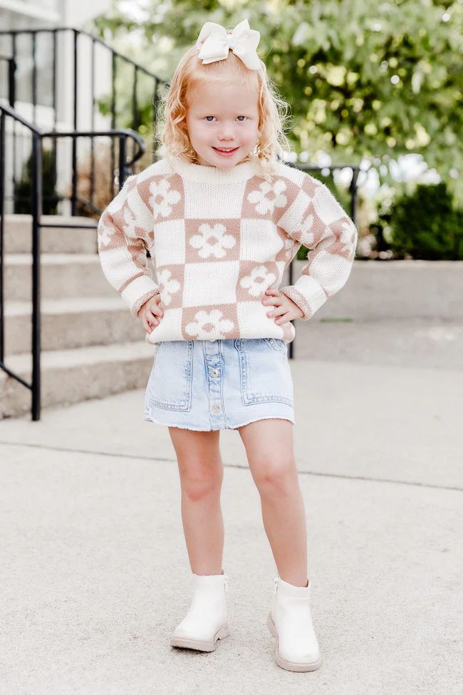 Found A New Way Kid's Checkered Flower Sweater Tan | Pink Lily