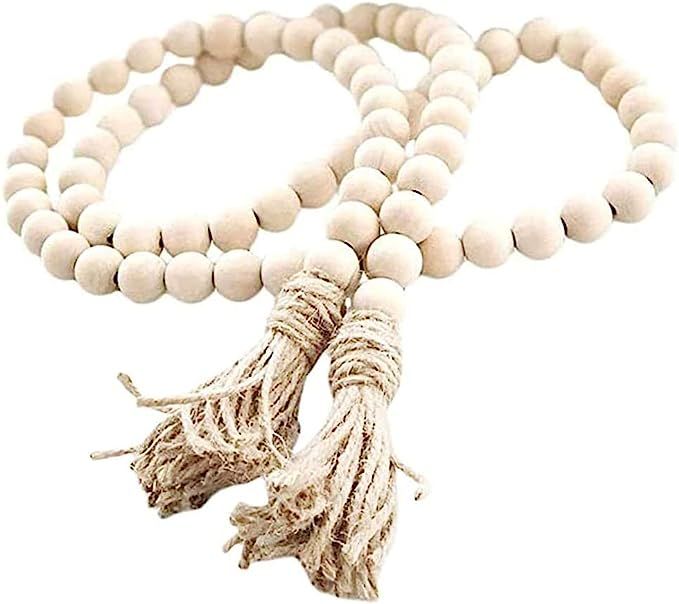 EasyBravo 57 Inch Wood Bead Garland with Tassels, Rustic Farmhouse Beads Wall Hanging Prayer Bead... | Amazon (US)