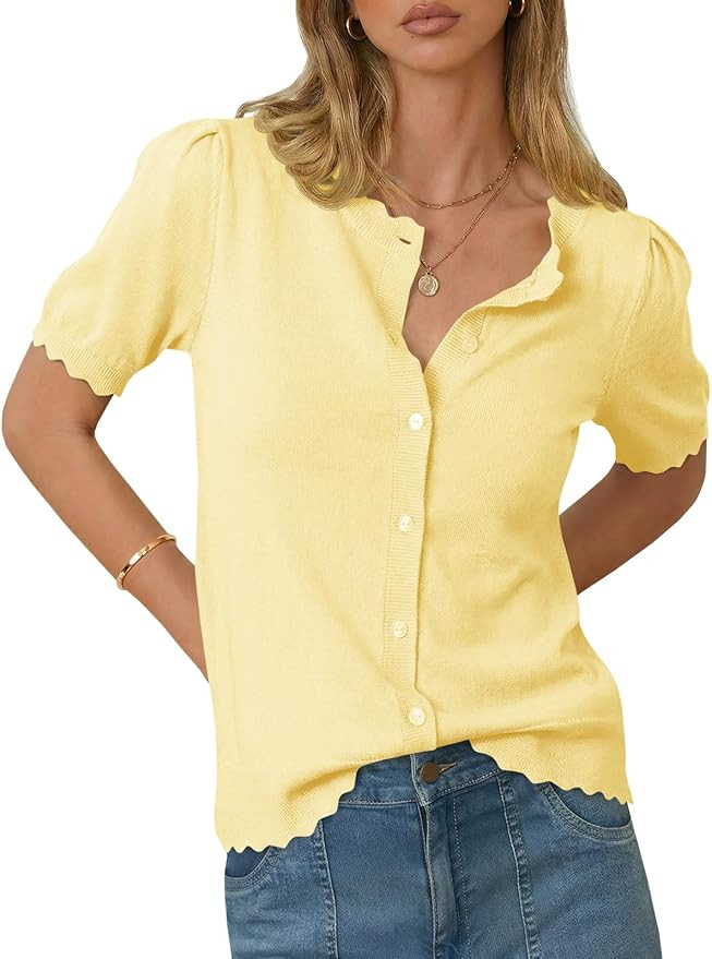 Saodimallsu Womens Puff Short Sleeve Cardigans Lightweight Button Down Shirts Crew Neck Casual Kn... | Amazon (US)