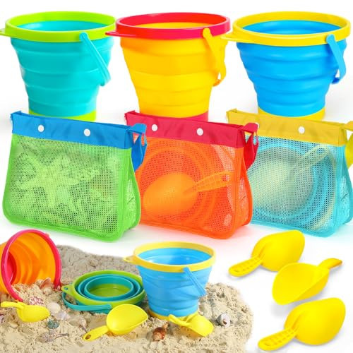 TOY Life Collapsible Beach Bucket Toys for Kids Beach Essentials with Portable 3 Seashell Bags & 3 Silicone Collapsible Sand Bucket & Shovels Travel Sand Toys Sandbox Toy for Fishing, Beach Party | Amazon (US)