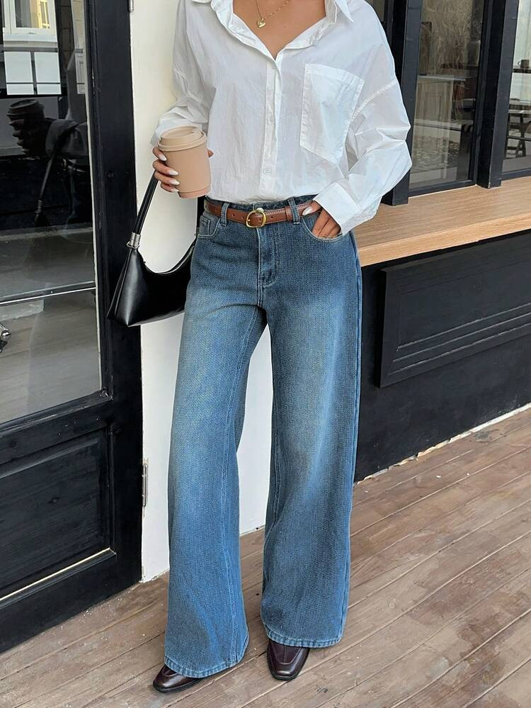 Siren Gaze Women's Fashion Versatile Commuting Washed Wide-Leg Jeans | SHEIN