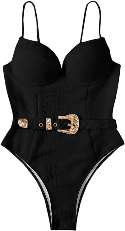 MakeMeChic Women's High Cut One Piece Swimsuit Belted Underwire Bathing Suit Swimwear | Amazon (US)