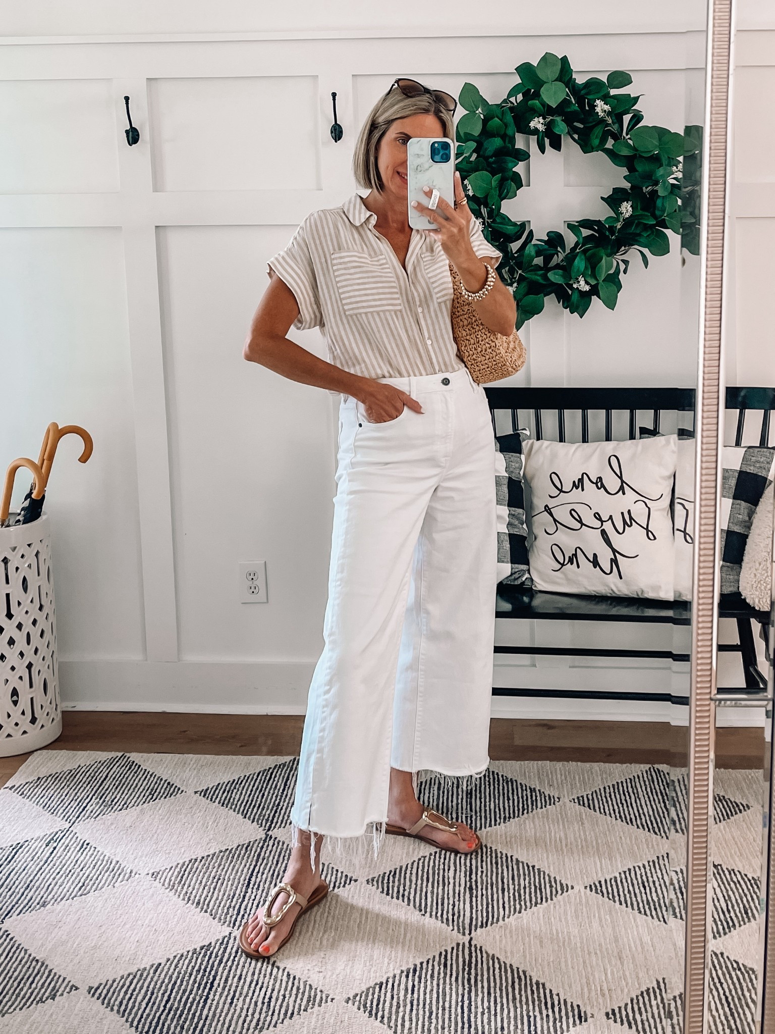 30% off this classic striped button down top. Linen blend lightweight and perfect for summer! Wearing an xs. High rise wide leg white jeans in a 27

#LTKFindsUnder50 #LTKSaleAlert #LTKOver40