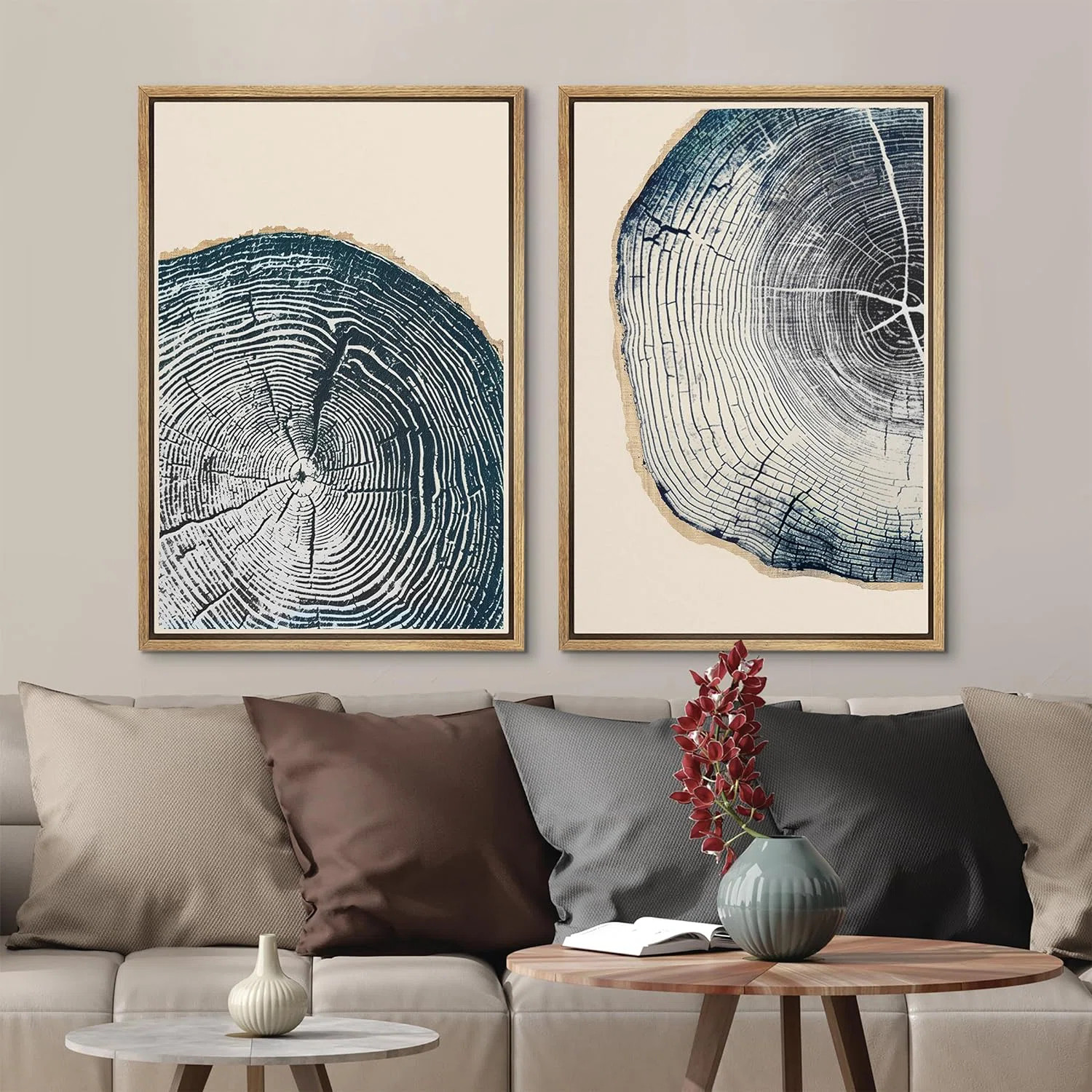 Navy Blue Wood Tree Ring Simple Minimalist Modern Artwork Framed Canvas 2 Pieces Print Wall Art | Wayfair North America