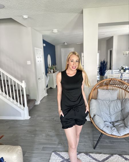 All black summer set 
💙 this comes with a pair of 2 sets - all different colors and styles
💙 stretchy, soft and cozy
💙 wearing size smalll

#LTKHome #LTKTravel #LTKFindsUnder50