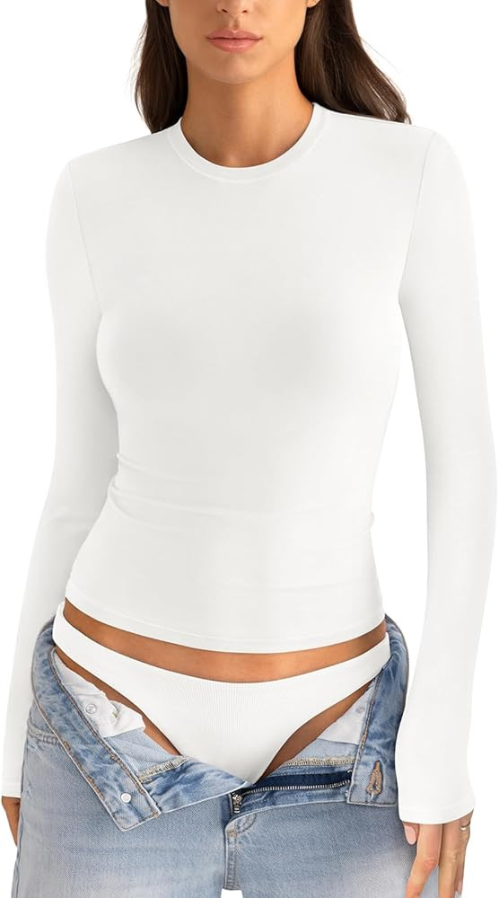 Womens Cotton Long Sleeve Shirts Crew Neck Fitted Basic Going Out Outfits Undershirt Spring Fall ... | Amazon (US)